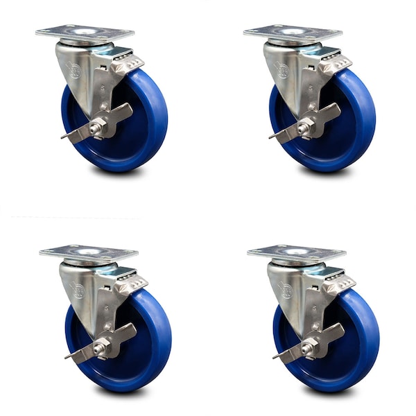 5 Inch Solid Polyurethane Wheel Swivel Top Plate Caster Set with Brake SCC